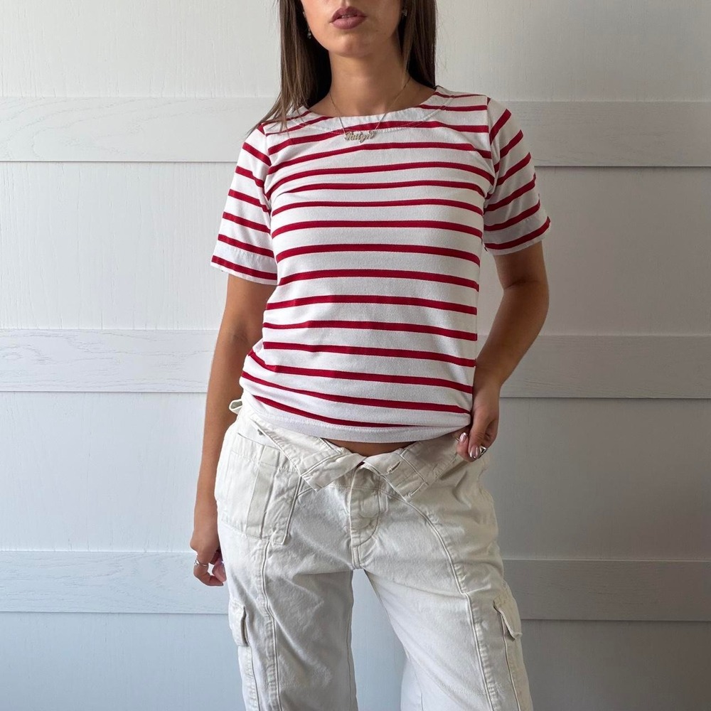 Vintage Salon Red & White Striped Boat Neck Top